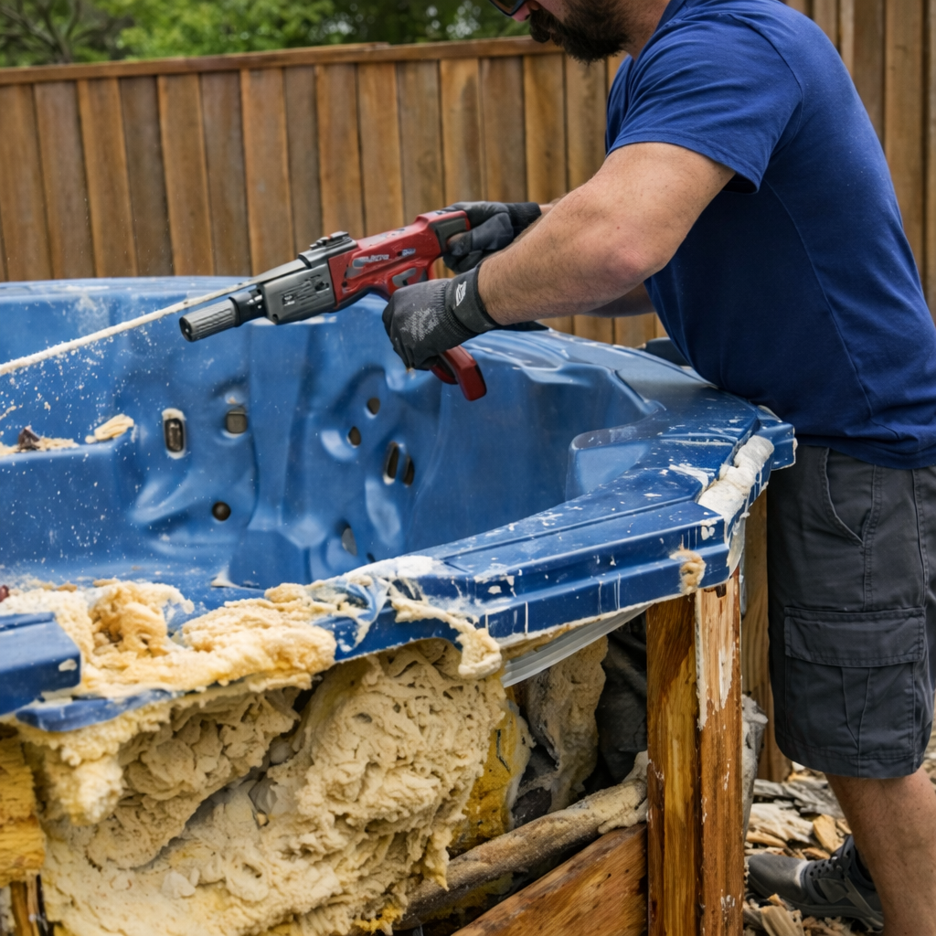 Worker cutting and dismantling an outdoor hot tub using power tools, exposing insulation and structure, highlighting residential removal service, renovation preparation, and debris management.