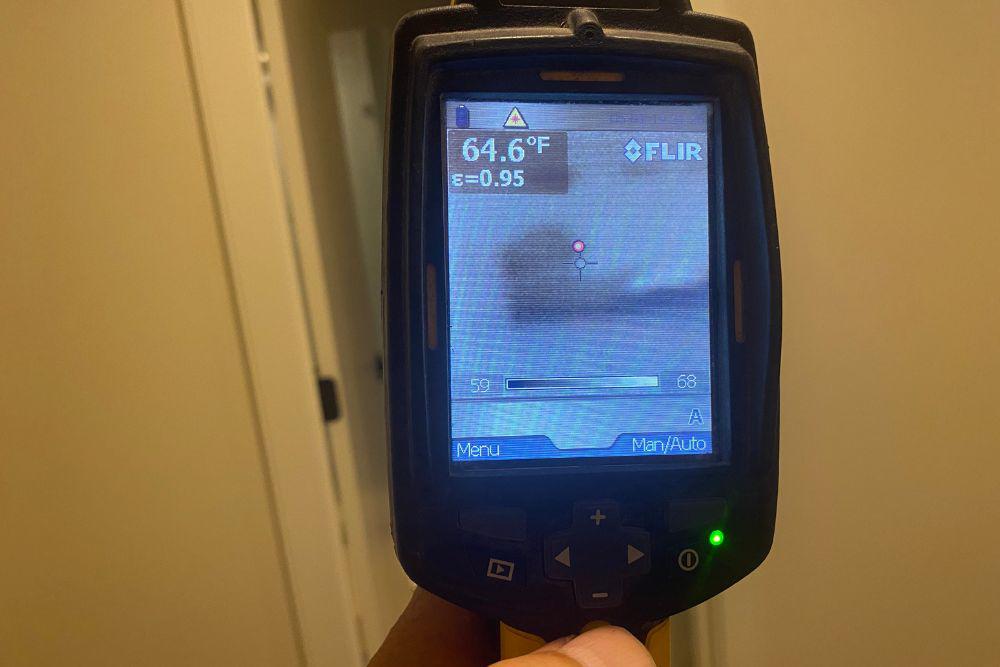 Sheetrock water damage.  Pictured here is an infrared camera.  Using this camera allows us to see what the eye cannot, like moisture or water behind a wall.