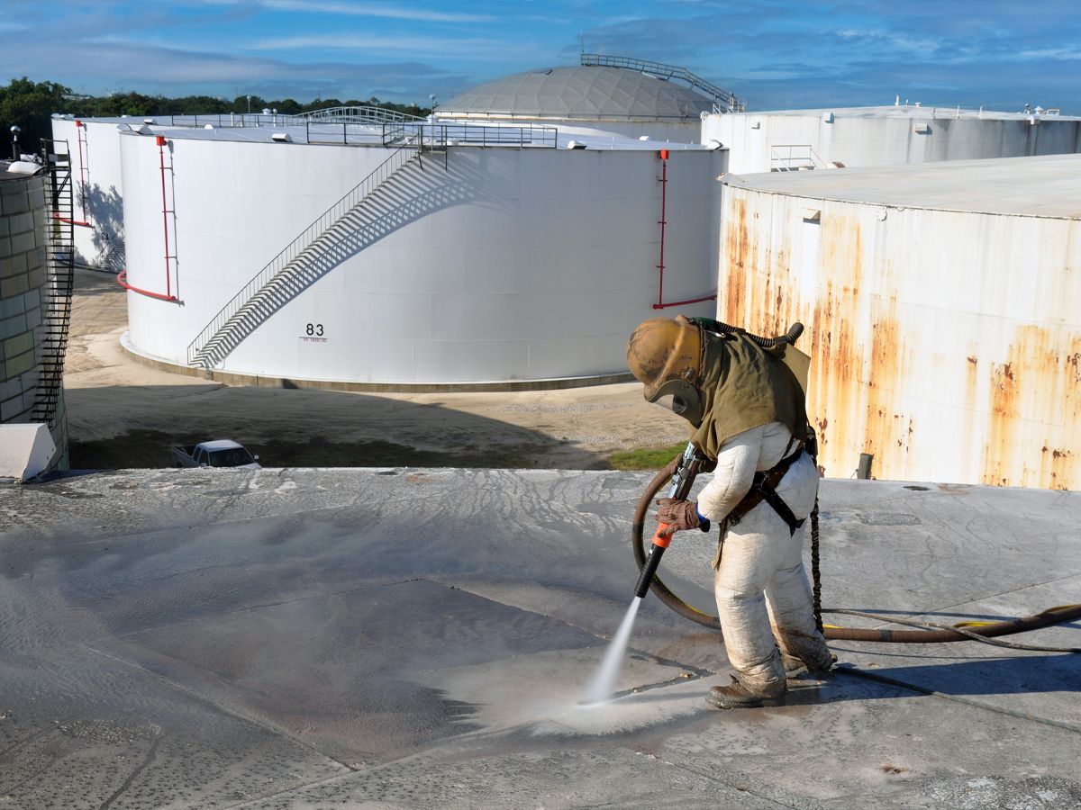 Technician performs industrial surface cleaning on large storage tank rooftop using blasting equipment, removing contaminants and corrosion to prepare surface for protective coating and maintenance in industrial facility.
