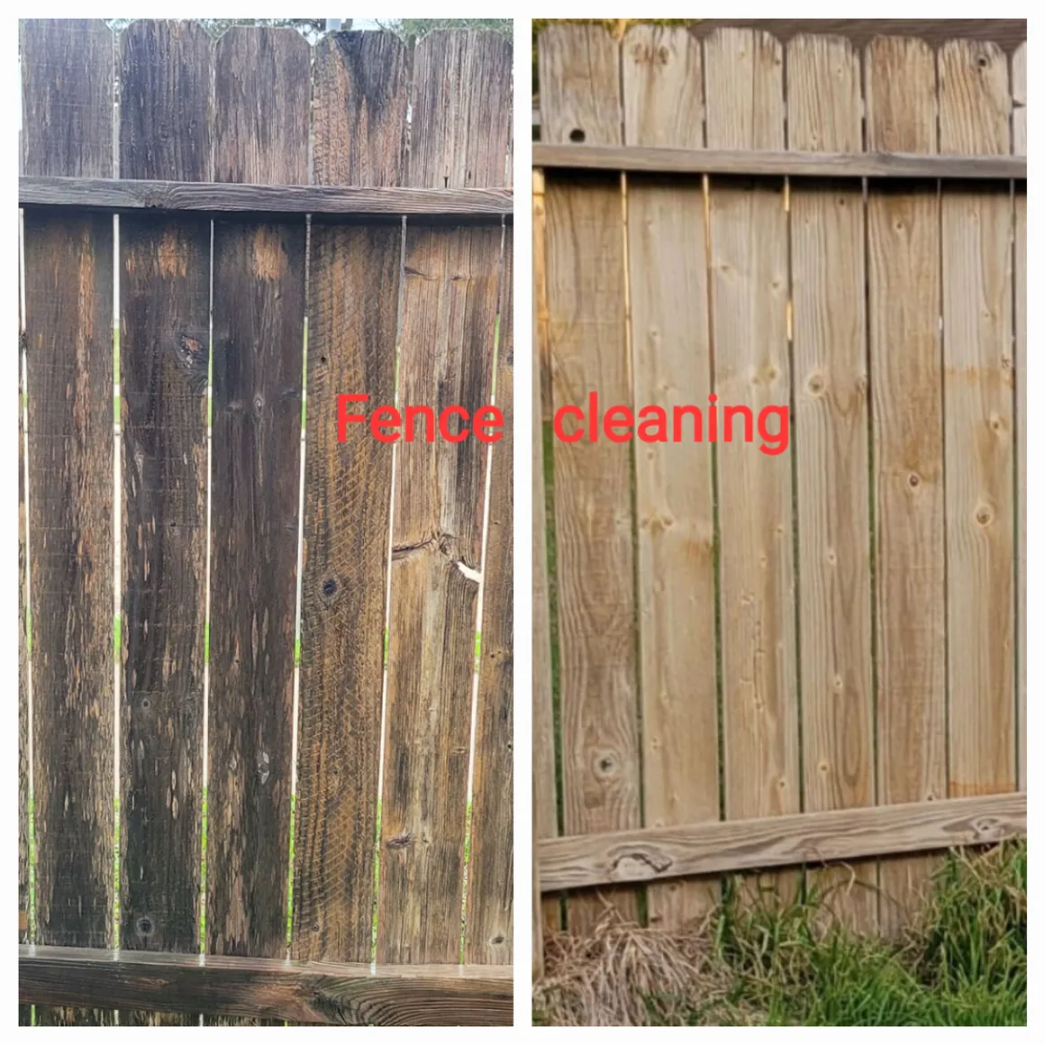 A split image shows a wooden fence before and after cleaning. The left side depicts a dark, weathered, and dirty fence with visible green algae or mold. The right side shows the same fence, now significantly lighter in color, clean, and with a natural wood grain visible. The text 'Fence cleaning' is overlaid in red on the image.