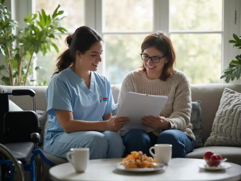 A caregiver in blue scrubs and a patient wearing glasses and a cream-colored sweater are sitting on a couch and reviewing documents together. A wheelchair is visible to the left of the caregiver, and a coffee table in front of them holds two mugs, a plate of food, and a small bowl with two red fruits. Large windows with plants behind them provide natural light.