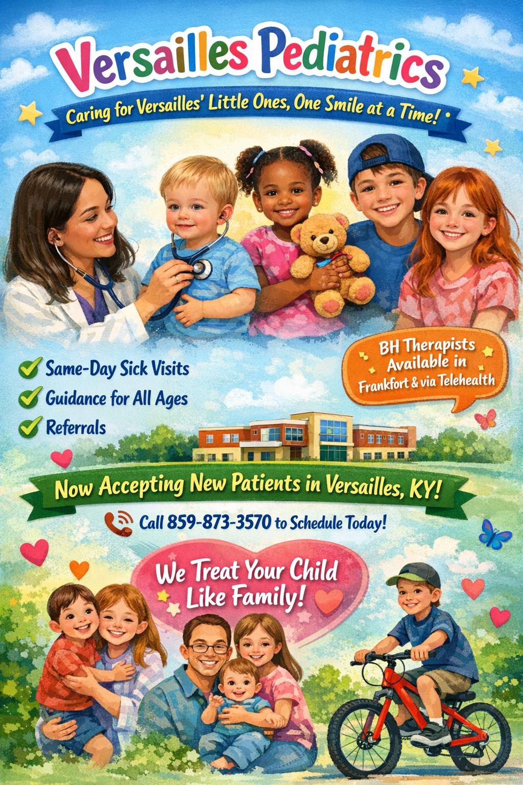 Caring for Versailles&rsquo; Little Ones, One Smile at a Time! ????

Looking for a friendly, experienced pediatric office right here in Versailles? ????

At Versailles Pediatrics, we treat your child like family &mdash; from their very first checkup to their teenage milestones.

✅ Same-day Sick Visits
✅ Well Child Exams and Sports Physicals
✅ Referrals
✅ Behavioral Health Therapy: Availability at our Frankfort office or via telehealth appt.
✅ Medicaid accepted as well as most other insurances.

???? Now accepting new patients in Versailles, Kentucky