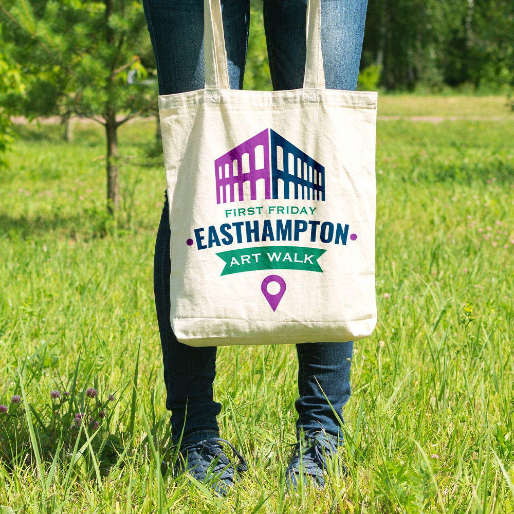 Easthampton Art Walk logo on a canvas shopping bag