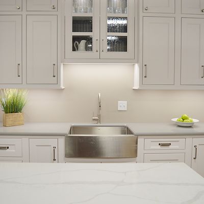 Sink Area, with a close-up look at the Calacatta Alpha quartz  countertop from LG Viatera