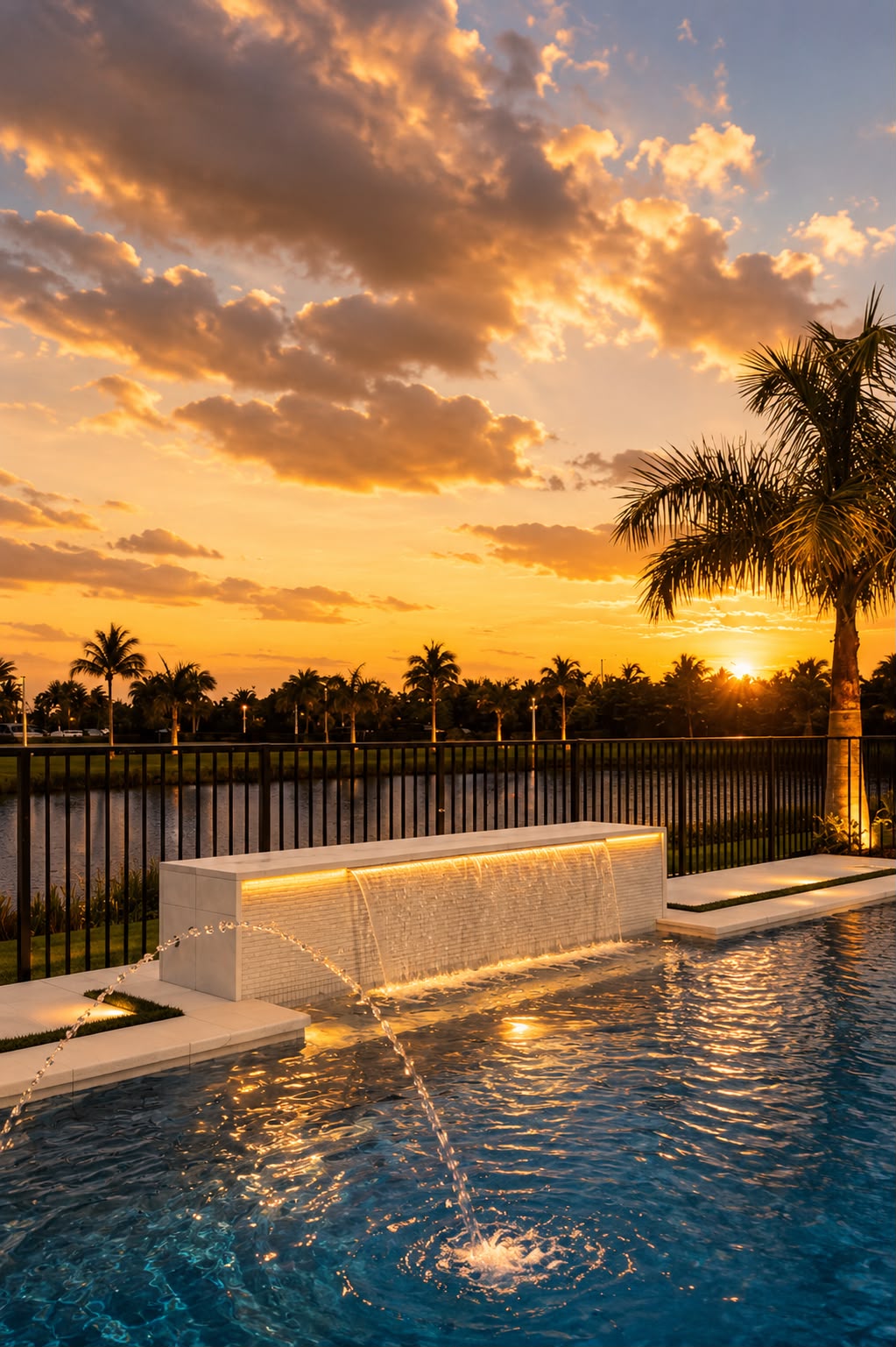 M&M Pool Builders team displaying a branded banner above a coastal city at sunset, representing luxury pool construction and custom outdoor design.