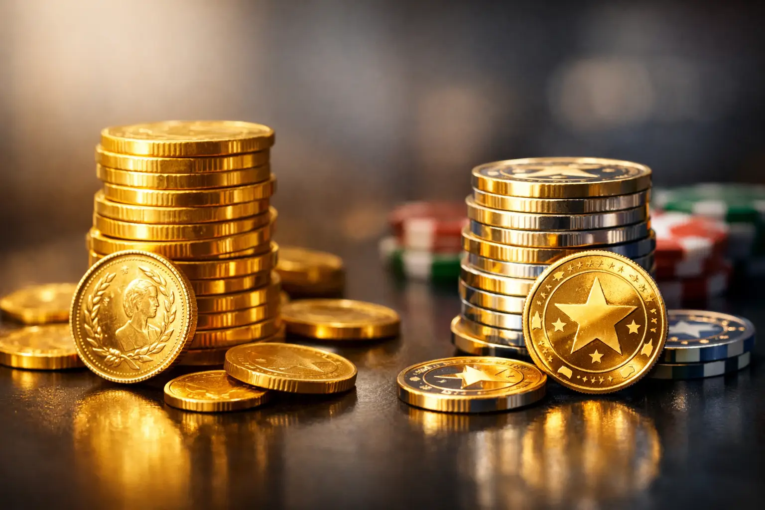 A close-up shot features stacks of gold coins and poker chips, suggesting a theme of wealth and gambling. In the foreground, several gold coins are scattered, with two prominent stacks of coins on the left and right. The coin on the far left has a profile of a person wearing a laurel wreath, while the coin on the far right displays a large star with smaller stars around it. In the background, blurred stacks of red, green, and white poker chips are visible, hinting at a casino or gaming environment.