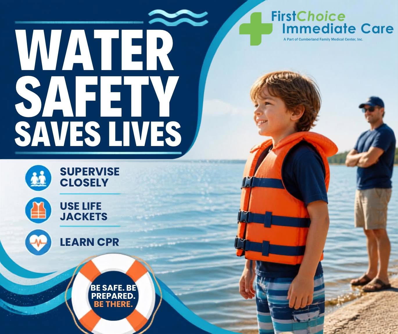 Water safety starts with preparation. Whether you're spending the day at the lake, pool, river, or beach, taking a few simple precautions can help prevent drowning and water-related injuries. Always supervise children closely, wear a properly fitted life jacket, and learn CPR so you're prepared to respond in an emergency.
First Choice Immediate Care encourages families to make water safety a priority all summer long. Prevention, awareness, and quick action can save lives and help everyone enjoy a safer season outdoors.