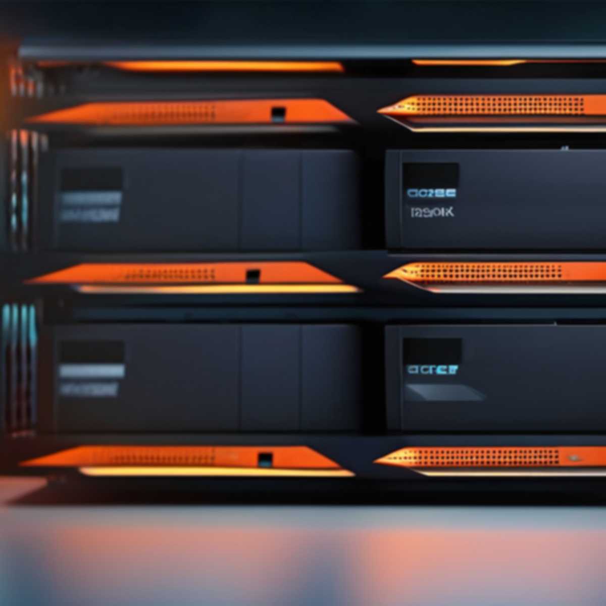 A close-up shot of a server rack with multiple black servers stacked. Orange accent lighting runs along the top and bottom of each server bay, creating a futuristic and high-tech aesthetic. Some servers have illuminated blue text displays.