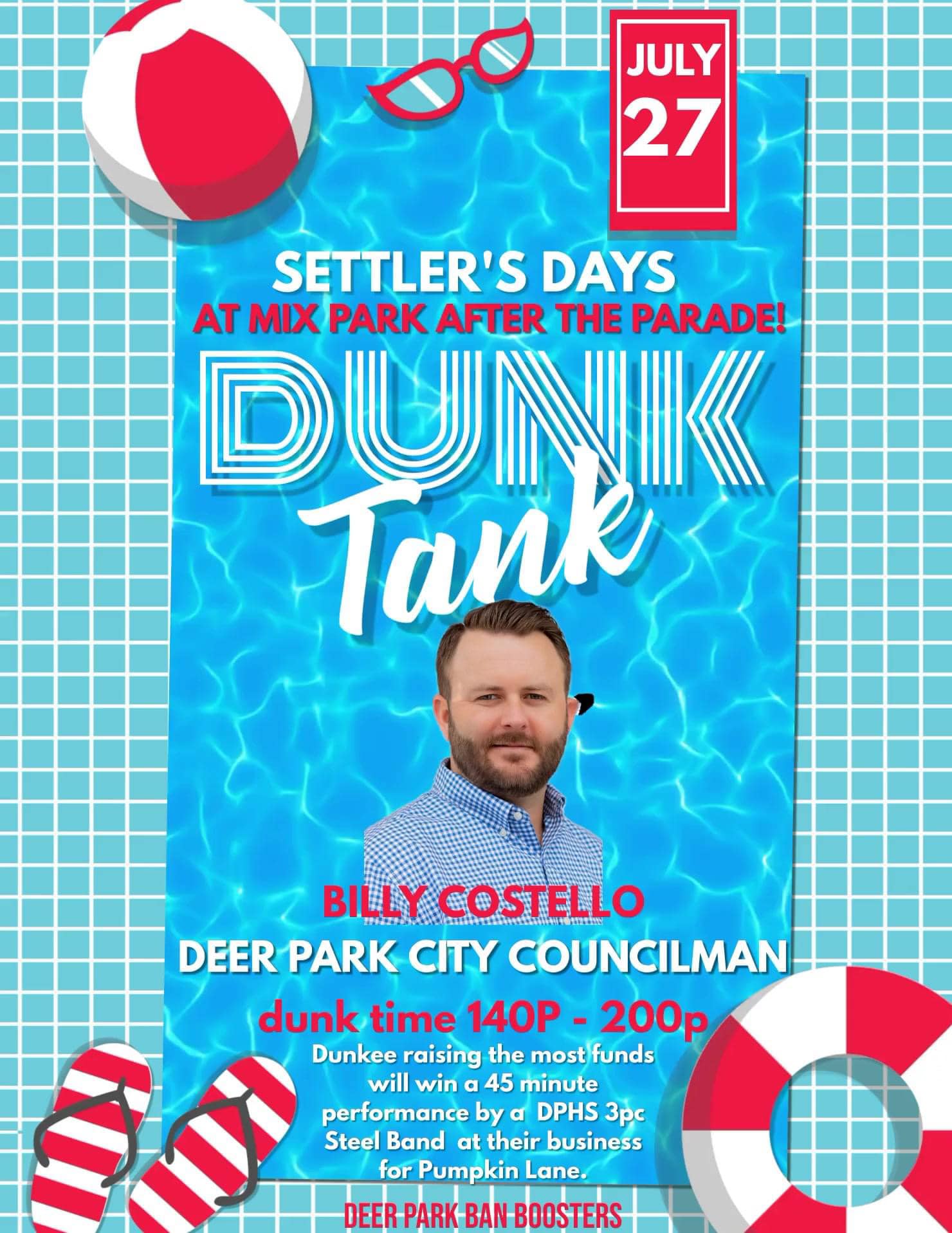 We REALLY want to see this guy get drenched and would LOVE to have the DPHS 3pc Steel Band perform outside of Billy Wonka’s Chocolate Factory at Pumpkin Lane this year!
Our office will match any funds raised from 1:40-2:00pm to put this politician’s swimming abilities to the test!