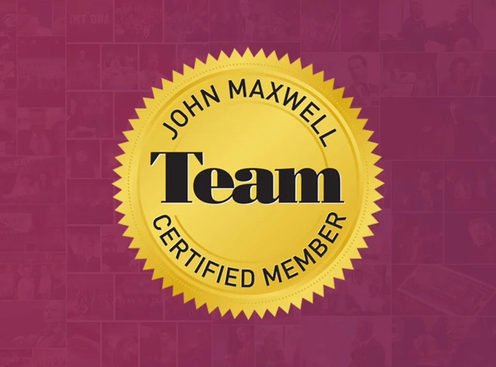 A golden seal that reads "John Maxwell Team Certified Member" is displayed against a deep magenta background composed of a collage of small, sepia-toned photographs of people in various settings.