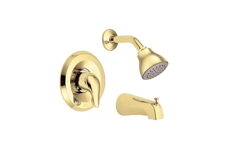 Brushed gold shower and tub fixture set with matching trim and spout