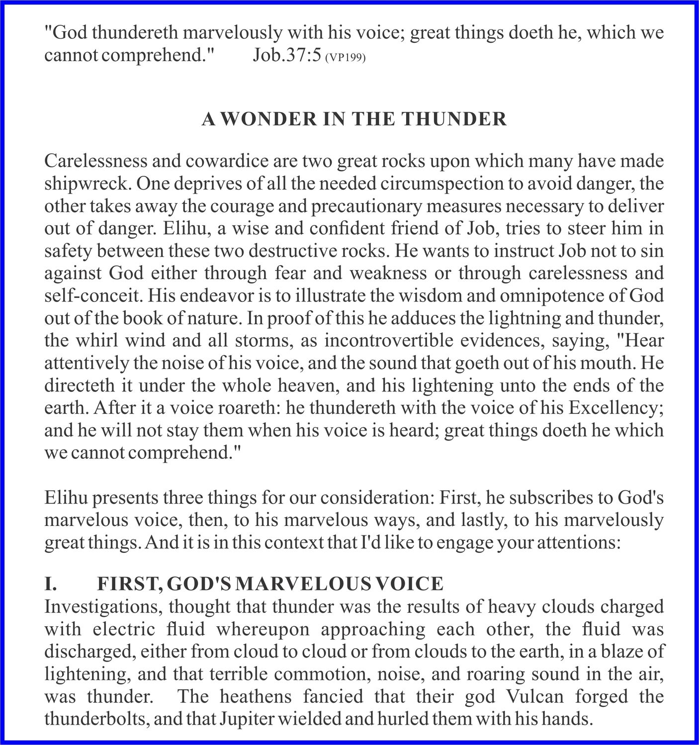 A page from a book with text titled 'A WONDER IN THE THUNDER'. The text discusses topics of carelessness, cowardice, and God's power as evidenced by thunder and lightning. It quotes a verse from Job 37:5. The page is predominantly black text on a white background with a thin blue border.