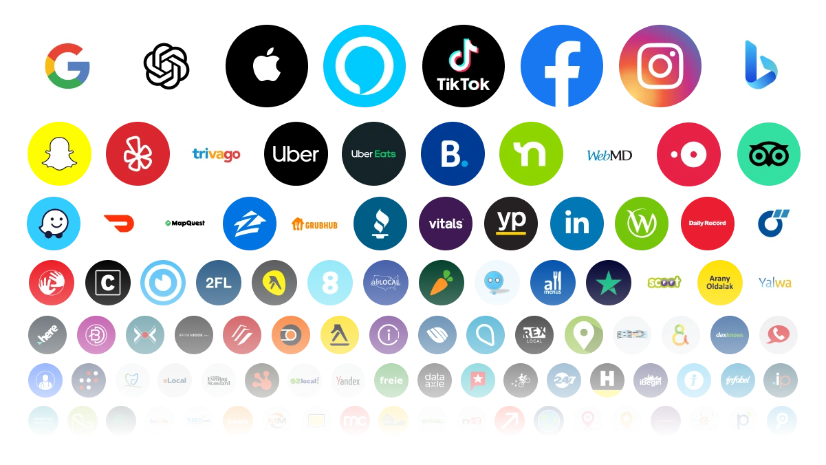 An icon list of all directories that Improve Your Presence lists your website on with best practices, including consistent NAP (Name, Address, Phone number)