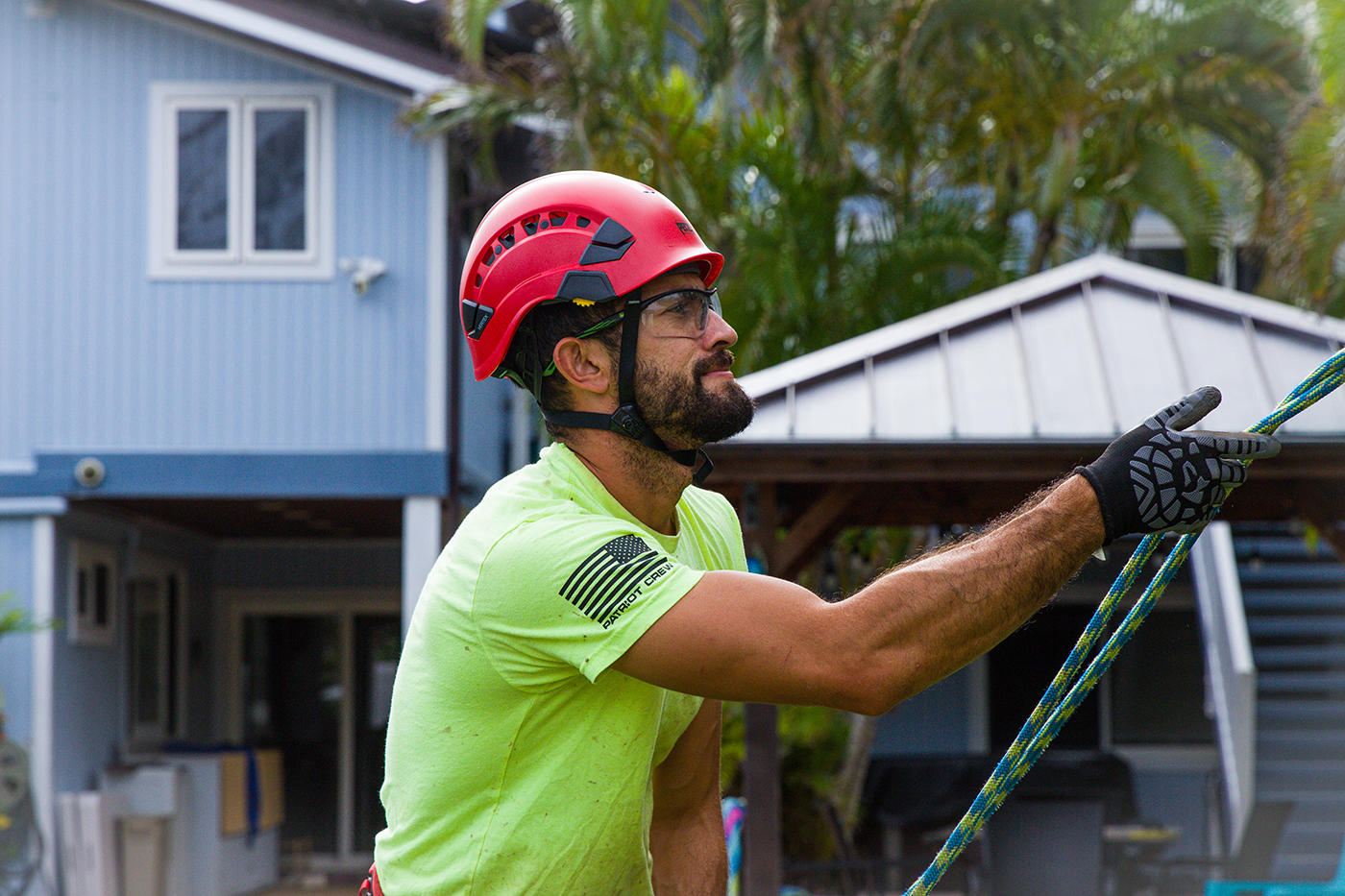 A skilled tree service worker in Oahu, Hawaii, uses specialized equipment to remove a tree stump, restoring the landscape's aesthetic appeal.