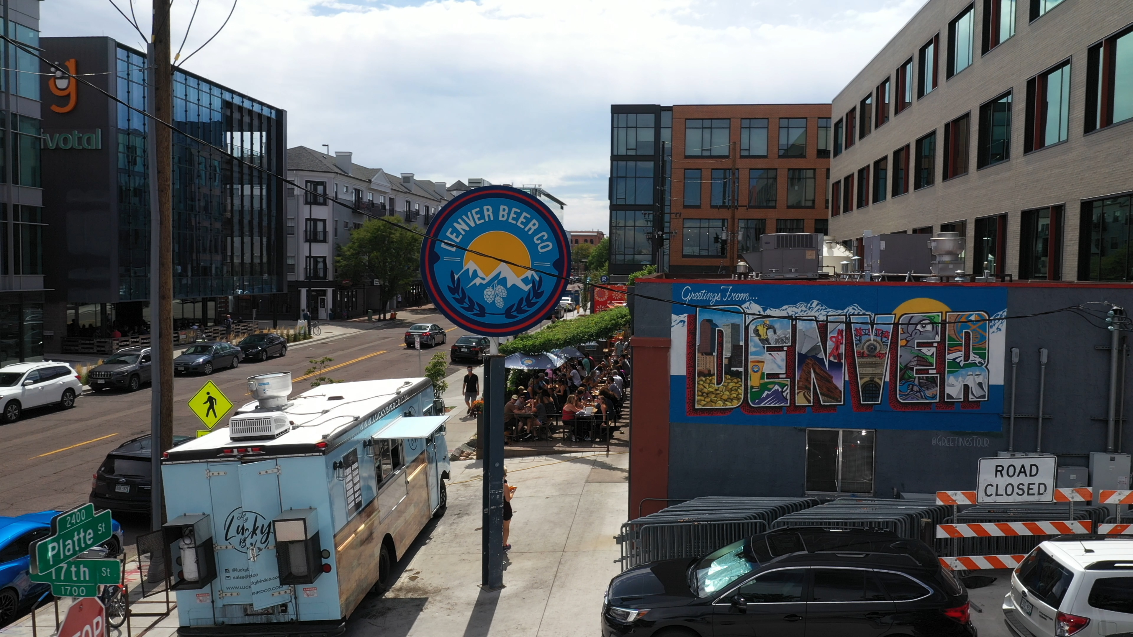The original Denver Beer Co. location in Denver's LoHi neighborhood features a popular patio, craft beer, and a vibrant community atmosphere.