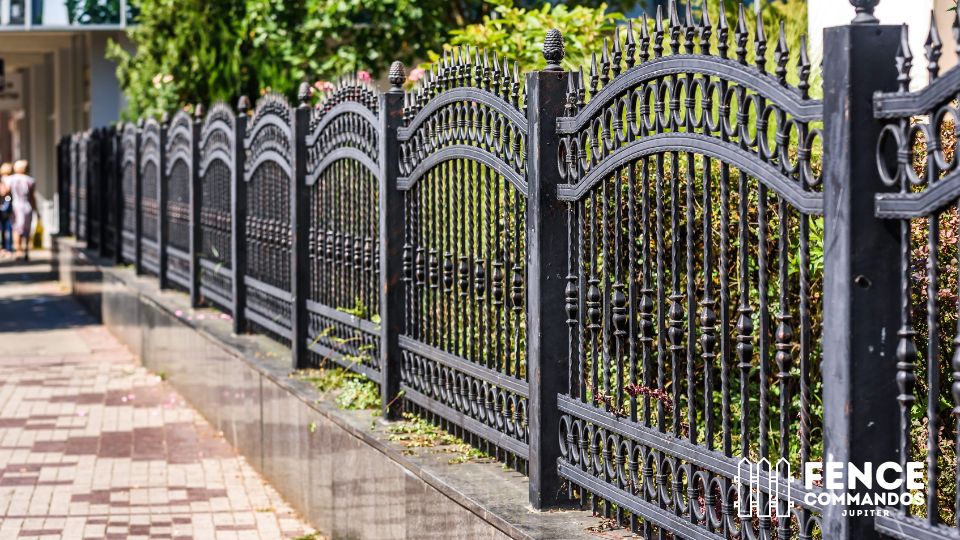 Elegant black ornamental metal security fencing featuring arched pickets and decorative finials alon 