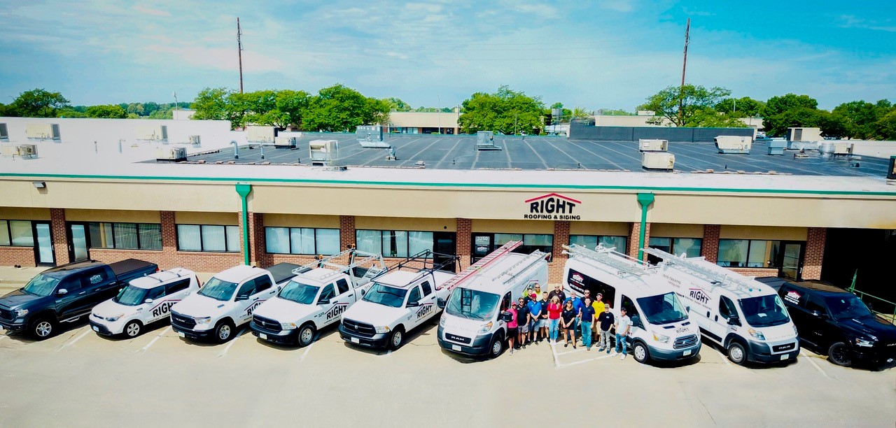 The Right Roofing & Siding Team in front of our Urbandale, IA office