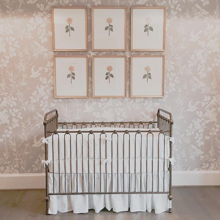 Beautiful install for our littlest Boxwood client using gorgeous Stroheimfabrics wallpaper, a series of Lauren LaChance hydrangeas, and a heavenly crib for this little angel to lay her head!