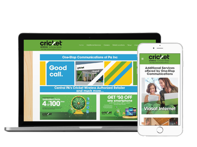 Responsive website design by EXEPLORE Managed Website Services: Telecommunication sector website design for One-Stop Communications Cricket Wireless Authorized Retailer of Central PA.