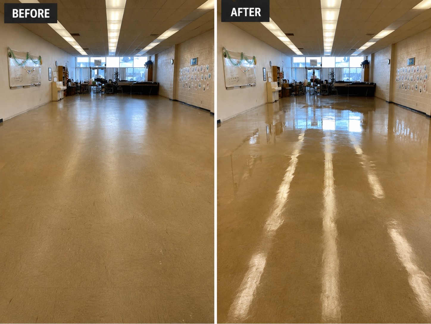 Before and after floor care in a long commercial hallway, with the floor stripped, cleaned and polished to a bright shine by Star's Janitorial Services.