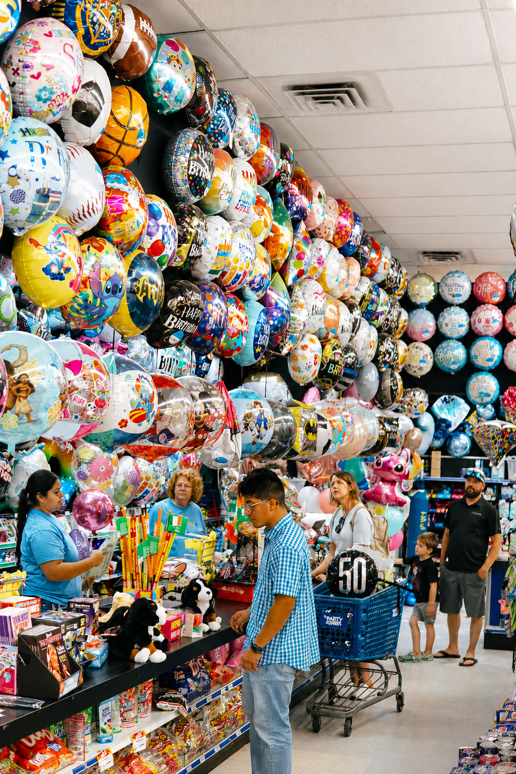 Bright and colorful party store featuring an extensive balloon wall, celebration supplies, toys, candy, and event essentials. A one-stop destination for birthdays, graduations, holidays, and special occasions.