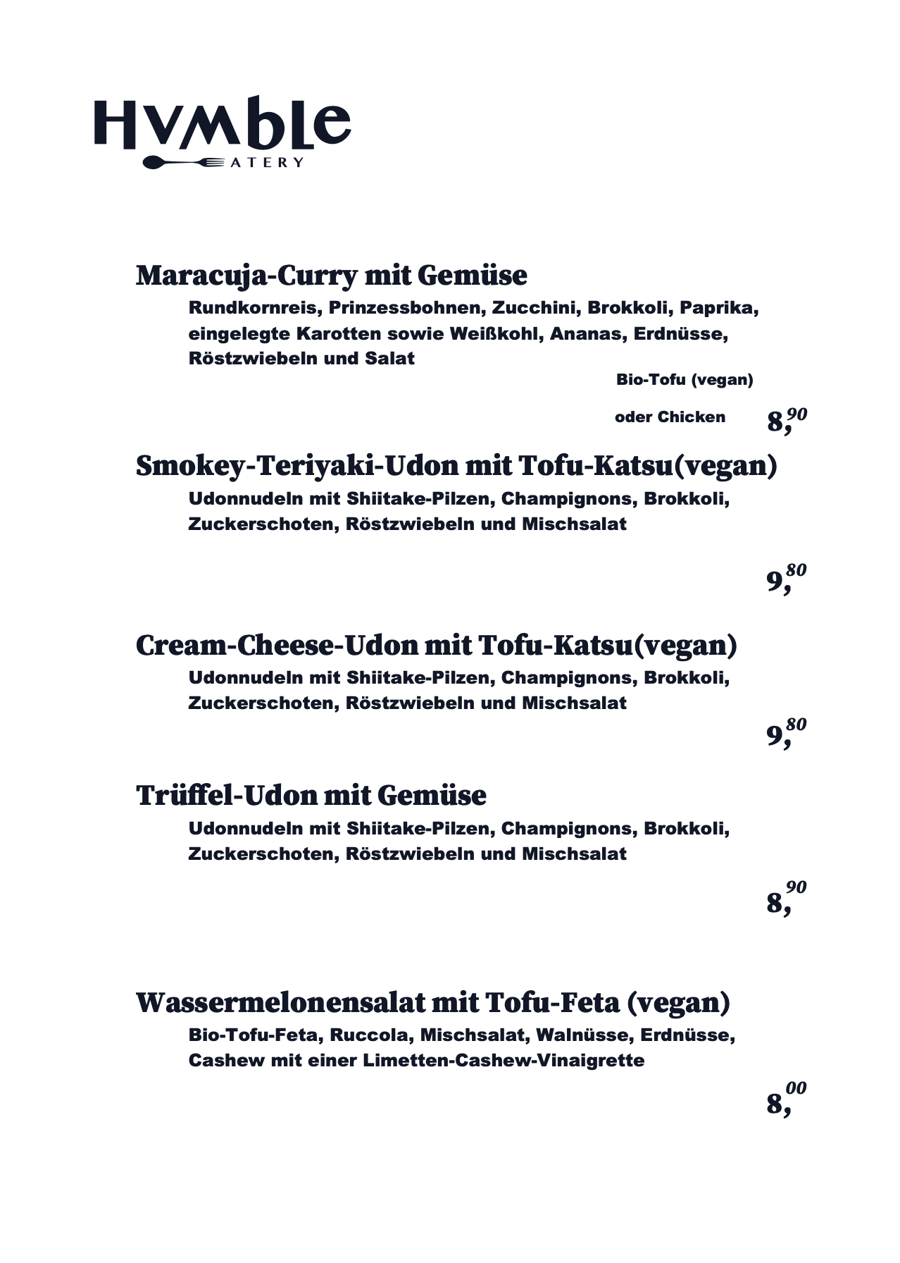 Humble Berlin Speisekarte 2 - vegan Curry, Udon Nudeln, veganes Restaurant Berlin Mitte Tiergarten Gleisdreieck