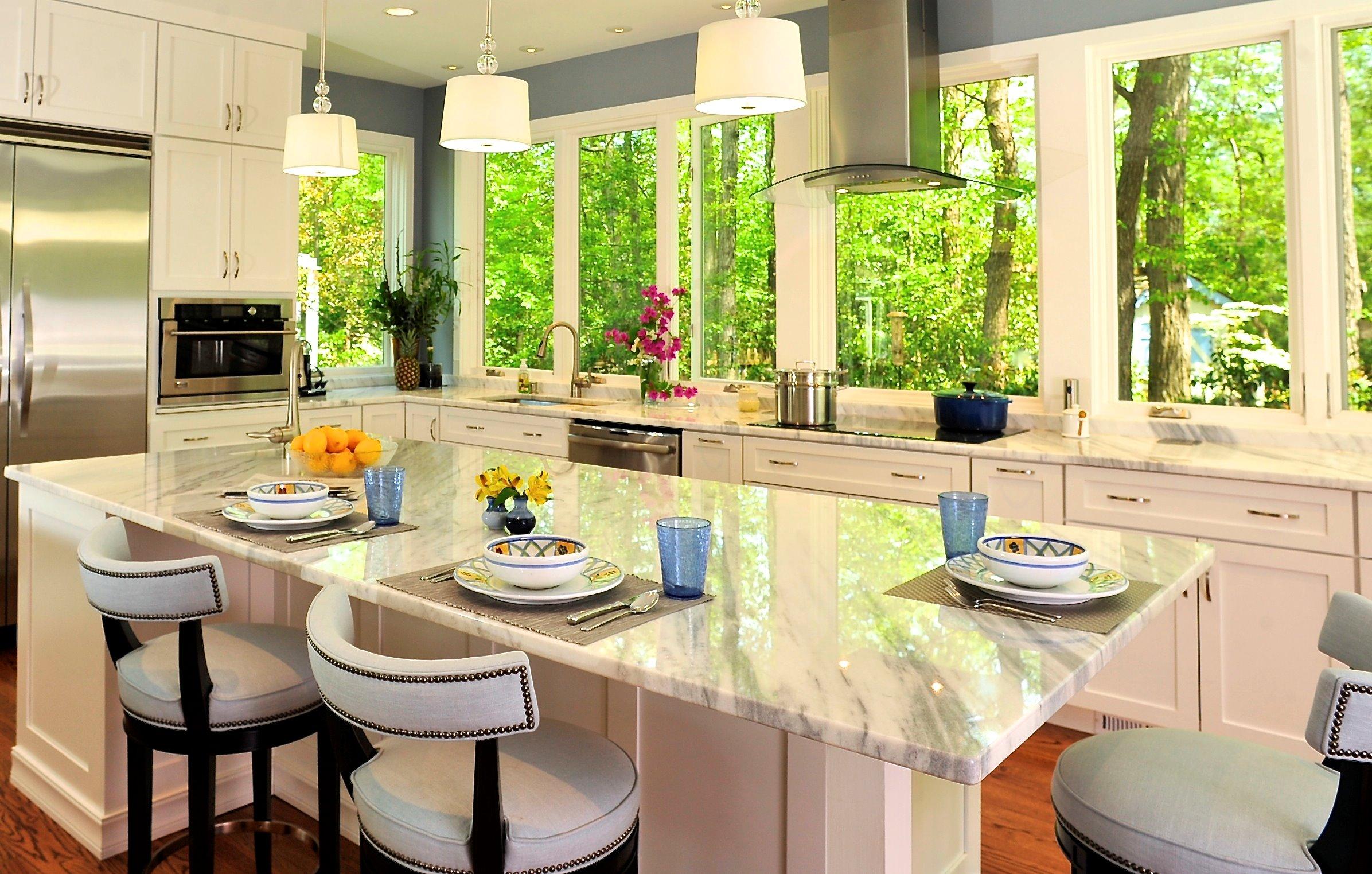 Bright, white kitchen and kitchen cabinets.