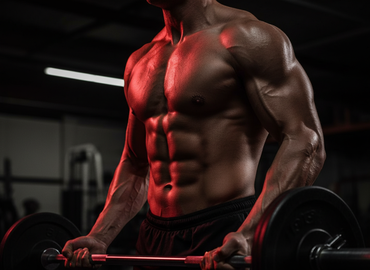 A man with a muscular physique is performing a barbell row exercise in a dimly lit gym. He is illuminated by a red light that accentuates his muscles, particularly his chest, abdomen, and arms. His hands grip the barbell, and the weights on either side are visible.