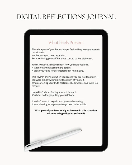 A digital tablet displays a journal entry titled "What Feels Present," with a stylus resting on the screen. The journal entry consists of several paragraphs of text, followed by a question. The tablet is shown against a plain, light-colored background. The text on the tablet is in a serif font, with the title in a lighter pink hue and the body text in black. The tablet itself has black bezels and a white stylus is positioned diagonally across the bottom of the screen.