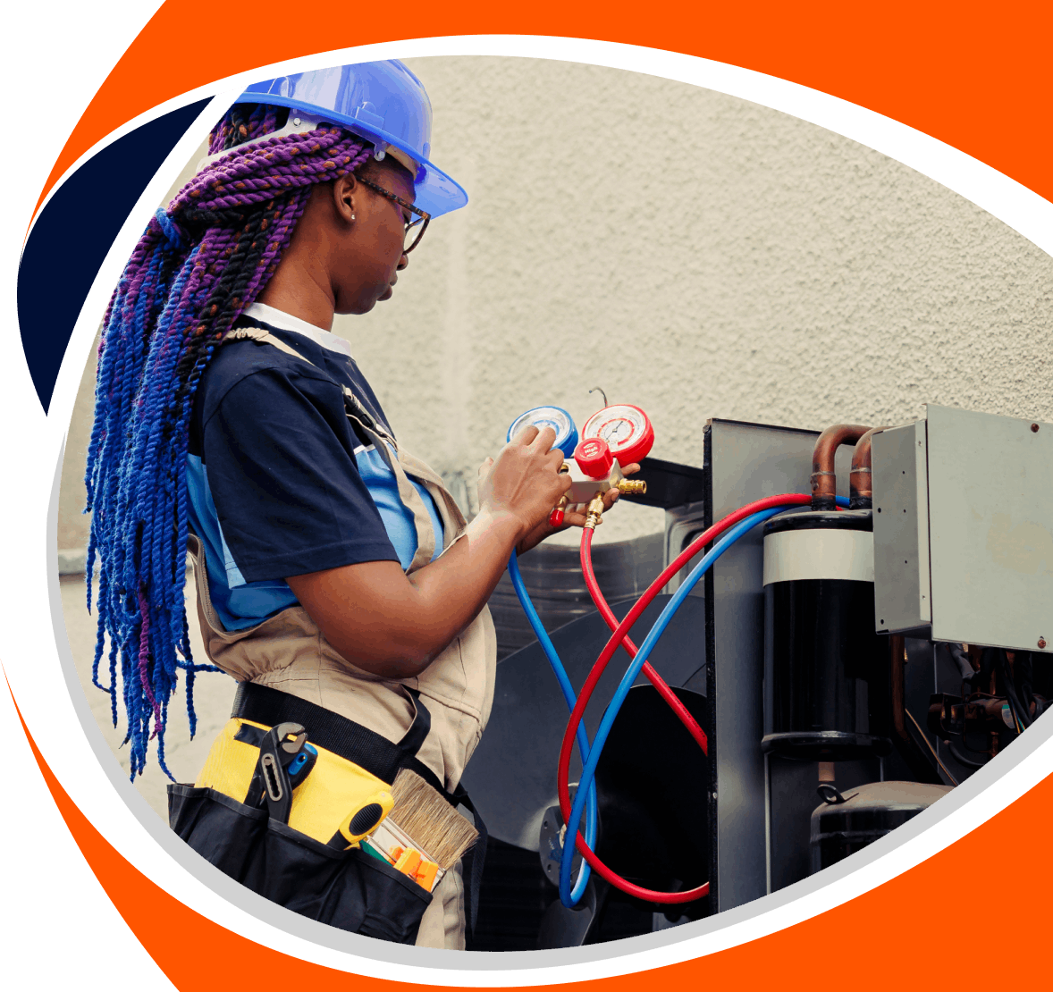 A woman wearing a blue hard hat and work overalls, with vibrant blue and purple braids, is meticulously checking gauges on an HVAC unit. She holds a set of red and blue hoses connected to the gauges. Her tool belt is visible, containing various tools, including a brush. The background appears to be a textured wall. The image is framed by an abstract design with orange and dark blue curves.