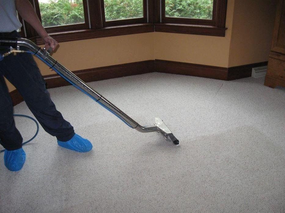 Professional carpet cleaning technician using extraction wand on light-colored carpet, removing dirt and stains, with protective shoe covers, highlighting deep cleaning process and improved cleanliness in residential living space.