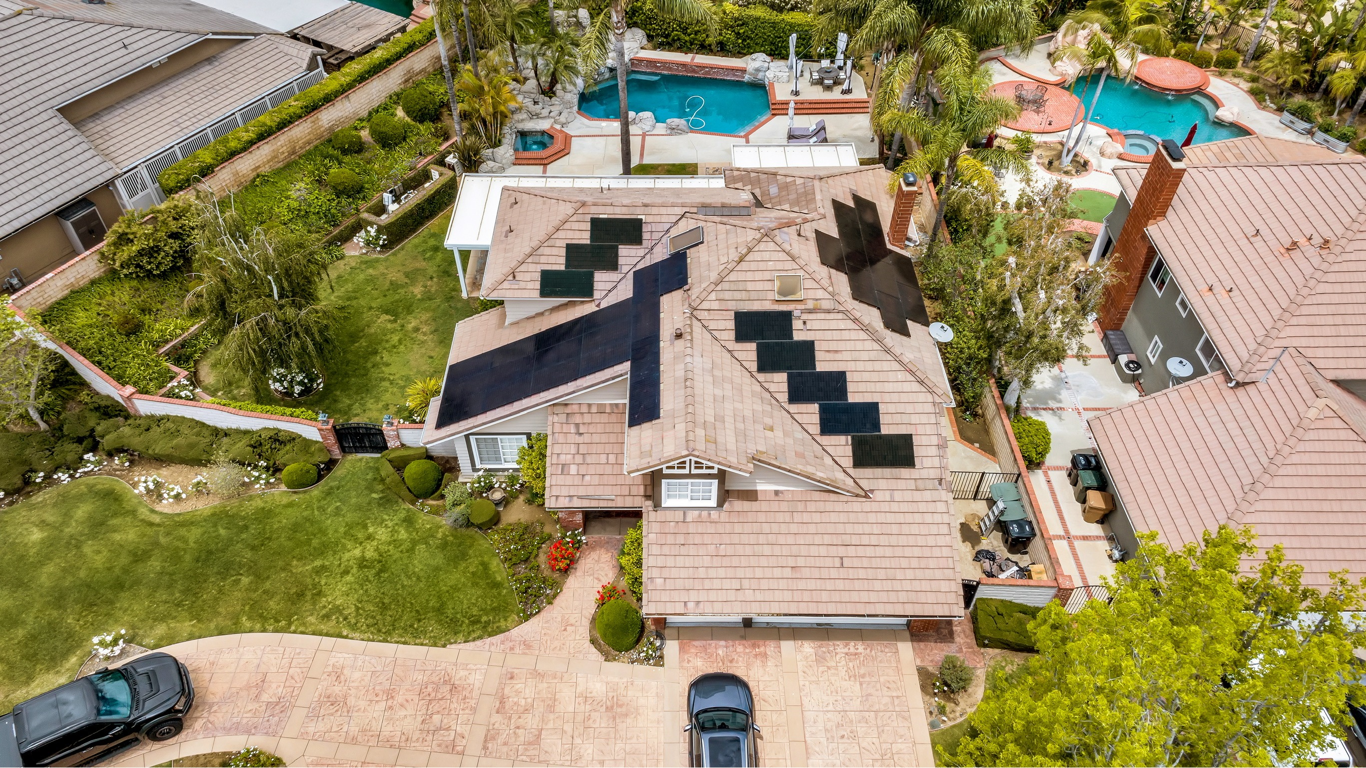 Arial drone photo of residential solar panel installation