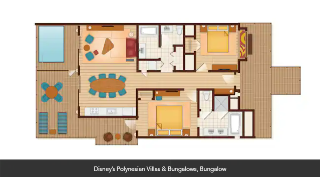 Disney's Polynesian Village Resort Bungalow 1 King Bed and 1 Queen Bed and 1 Queen-Size Pull Down Bed and 2 Single Pull Down Beds Floorplan
