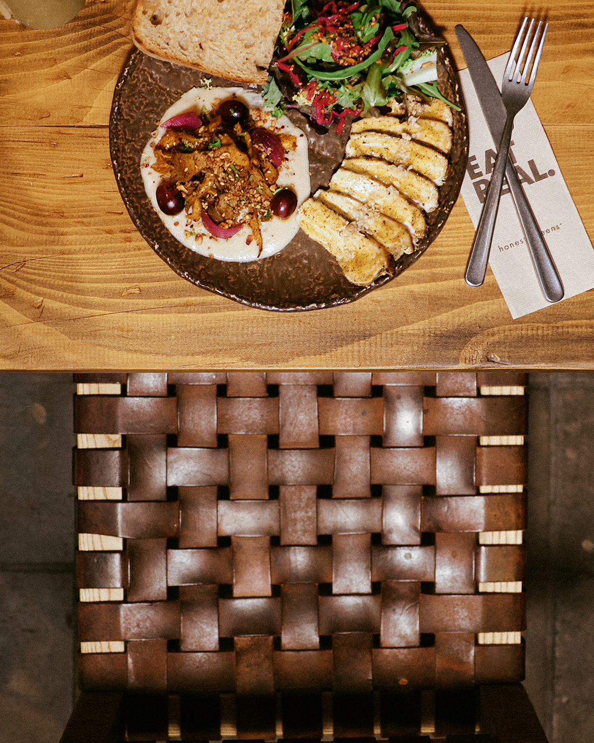 Lemon Mustard Chicken with Mushroom Shawarma, greens and sourdough.