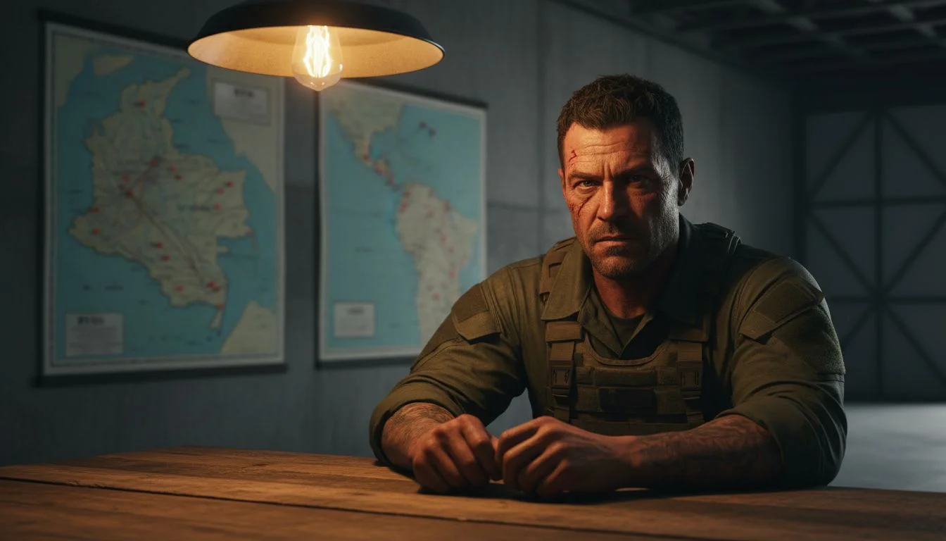 A gritty, close-up portrait of a man in tactical gear sitting at a wooden table, with maps of South America displayed on the wall behind him. He has a serious expression and a prominent scar on his face, illuminated by a bare bulb hanging from the ceiling. The setting appears to be a dimly lit operations room.