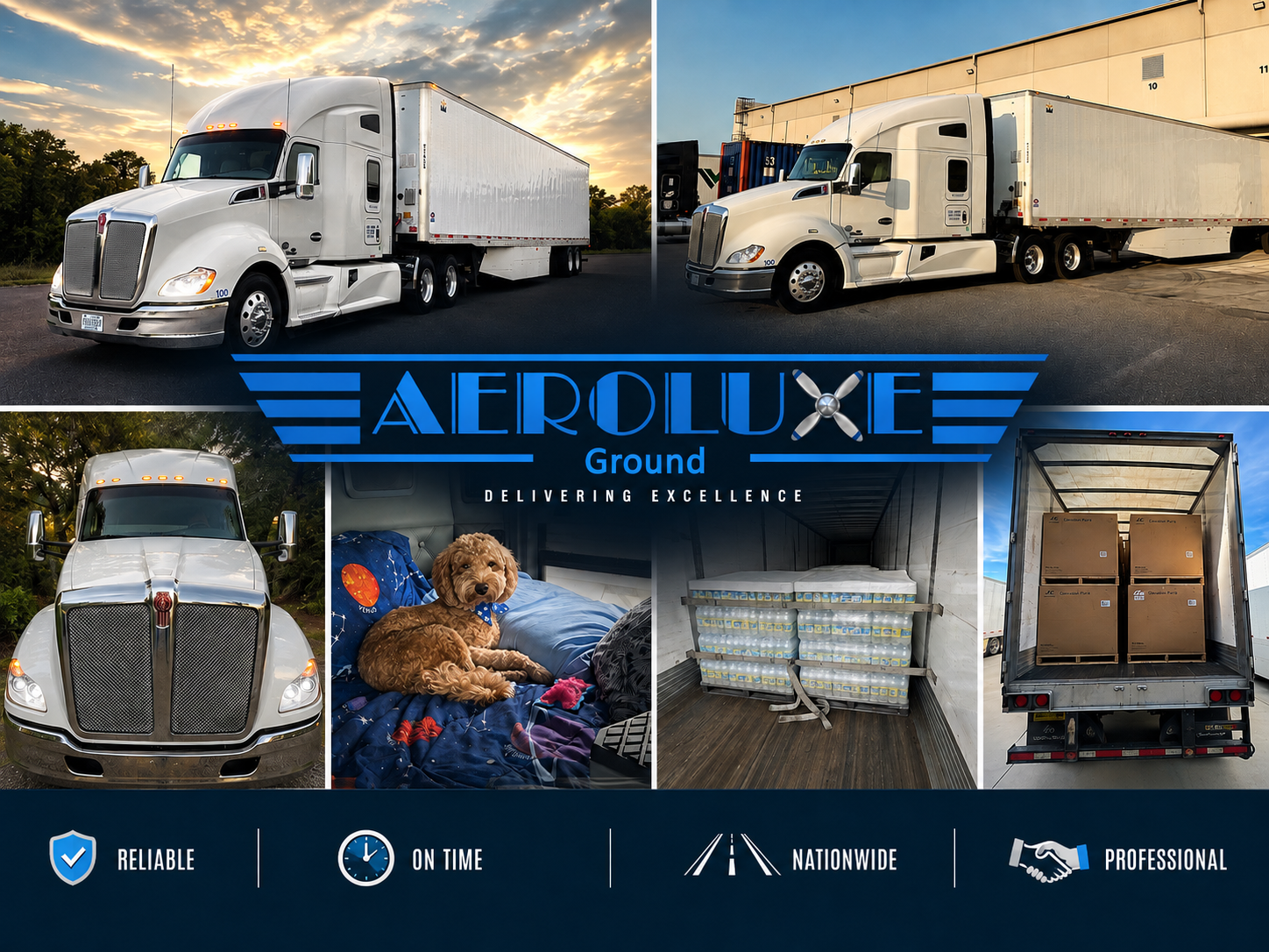 AeroLuxe Ground Inc. commercial trucking and logistics image featuring a professional white tractor- 