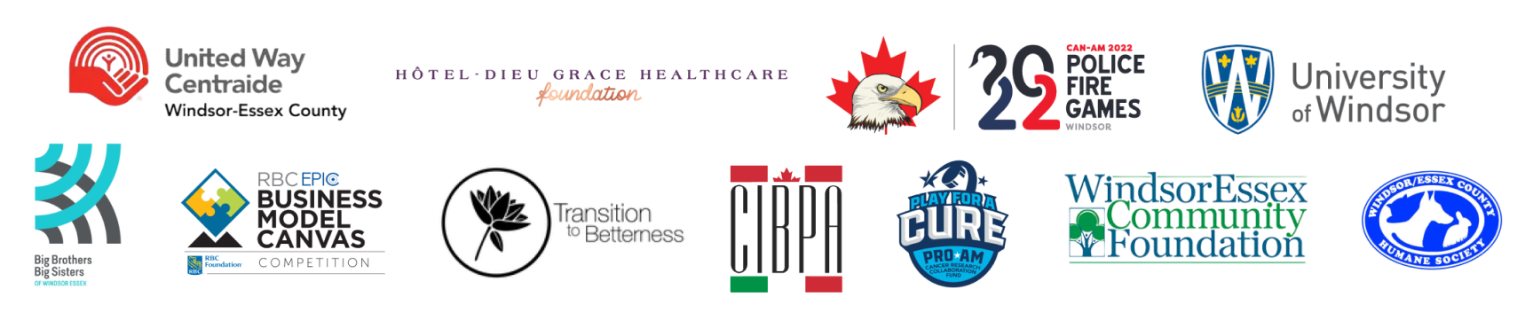 A collage of logos from various organizations the Allison Martinello Group supports including United Way of Windsor-Essex County, University of Windsor, Big Brother Big Sisters of Windsor-Essex, and Windsor-Essex County Human Society, among others.
