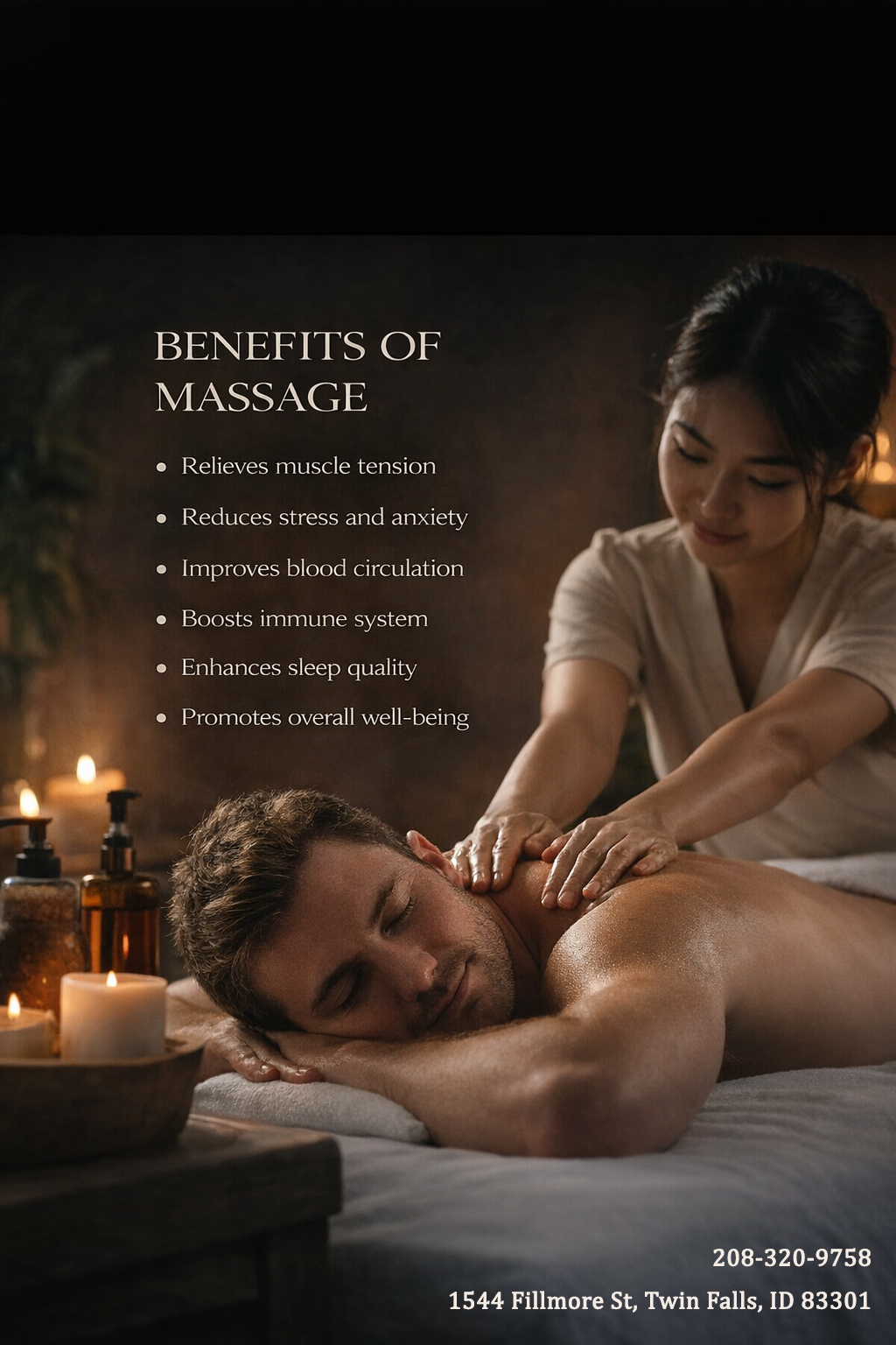 Massage techniques are commonly applied with hands, fingers, 
elbows, knees, forearms, feet, or a device. 
The purpose of massage is generally for the treatment of 
body stress or pain.
