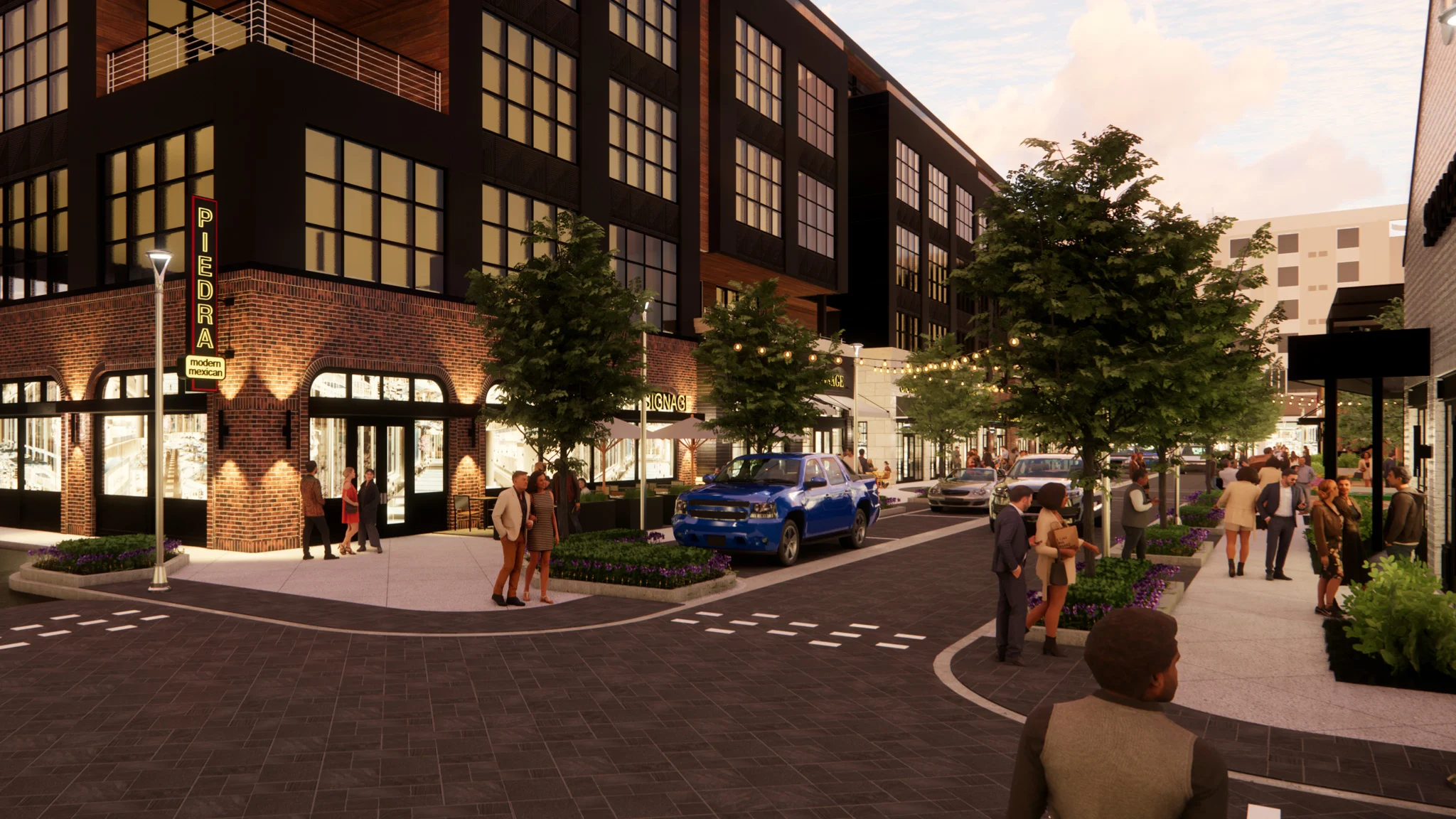 Rendering of the street with the apartment building