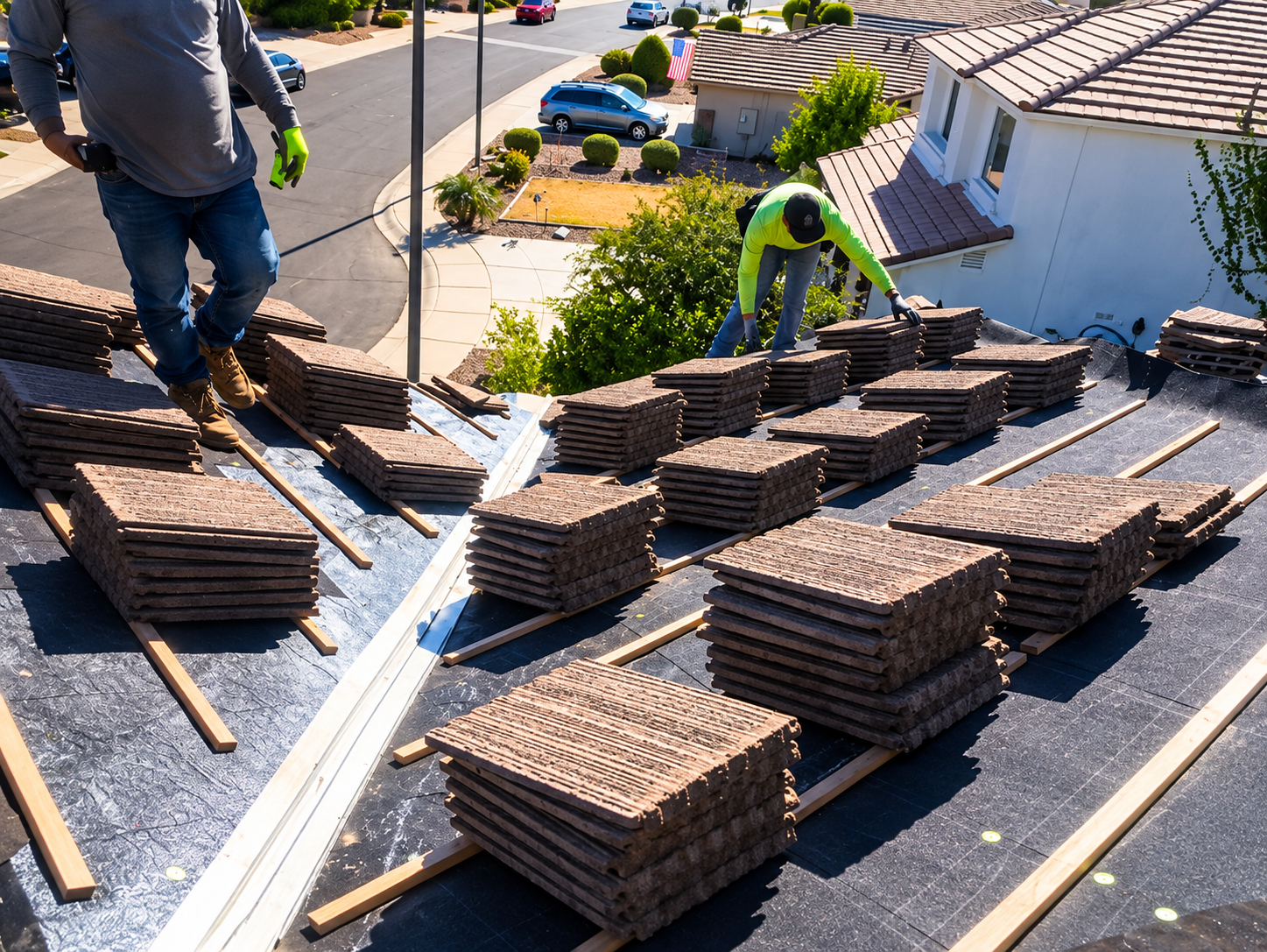Residential tile roofing work by Apex AZ Roofing in Arizona, showing roof tiles staged across instal 