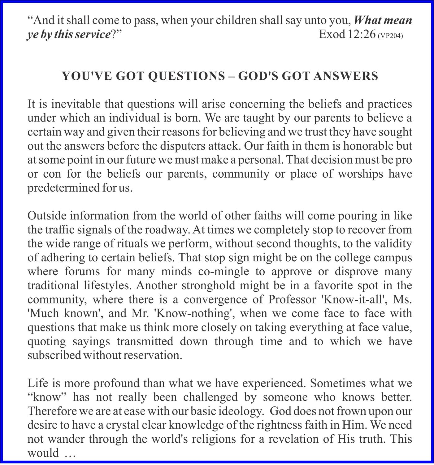 A page of text from a book or document with a blue border. The text discusses beliefs, faith, and questioning. It includes a biblical quote from Exodus.