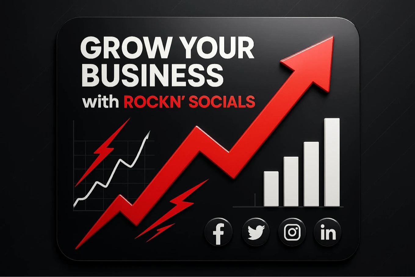Promotional graphic that reads Grow Your Business with RockN’ Socials. It features a large upward red arrow, growth charts, and social media icons representing marketing strategy, analytics, and digital growth.