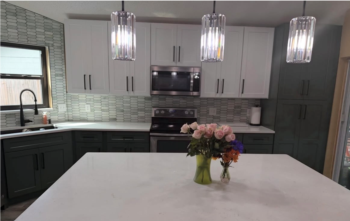 Kitchen Remodel with beautiful Sage Green Cabinets for a modern elegant look in Oviedo Fl