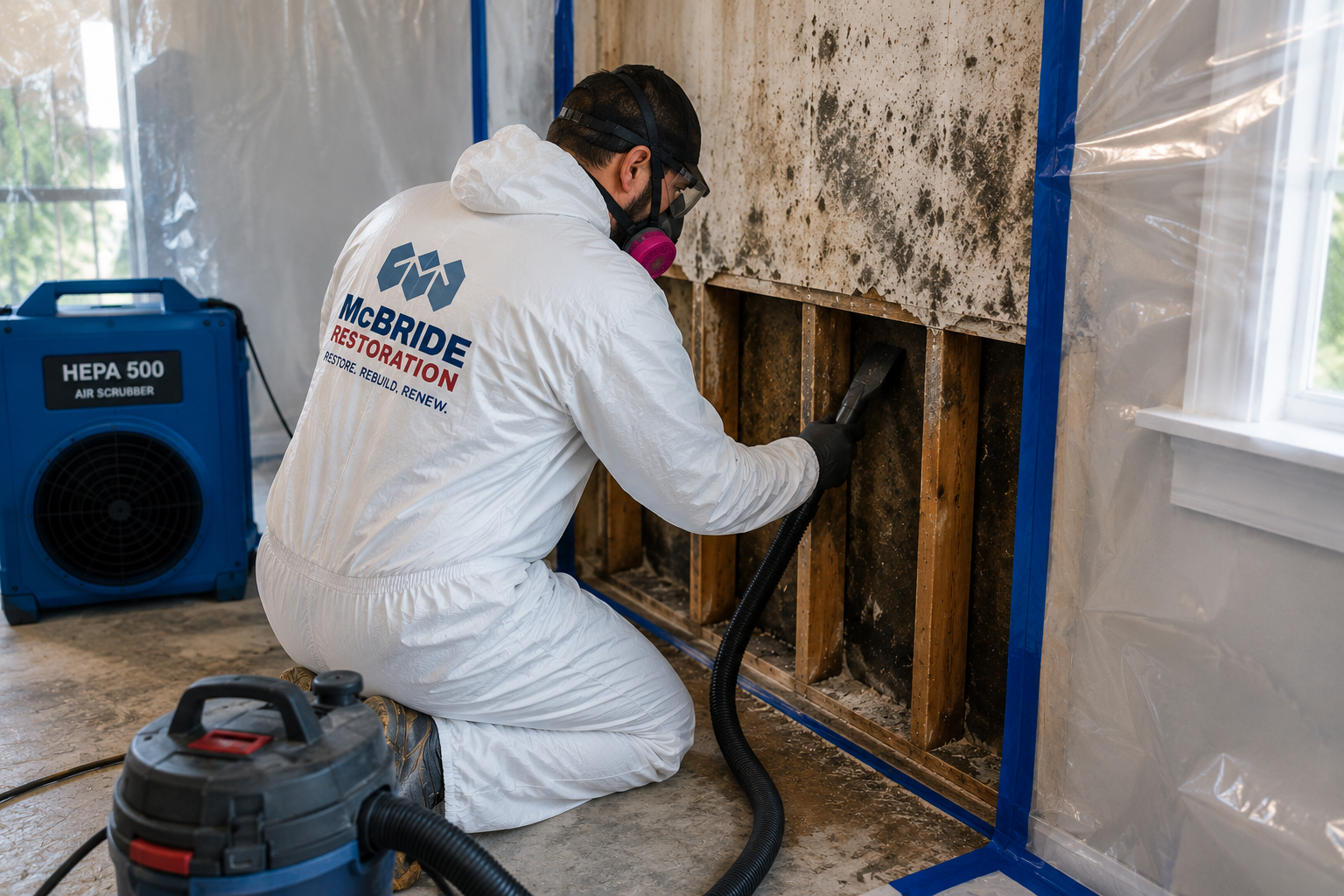 A McBride Restoration technician performs professional mold remediation using containment barriers,  