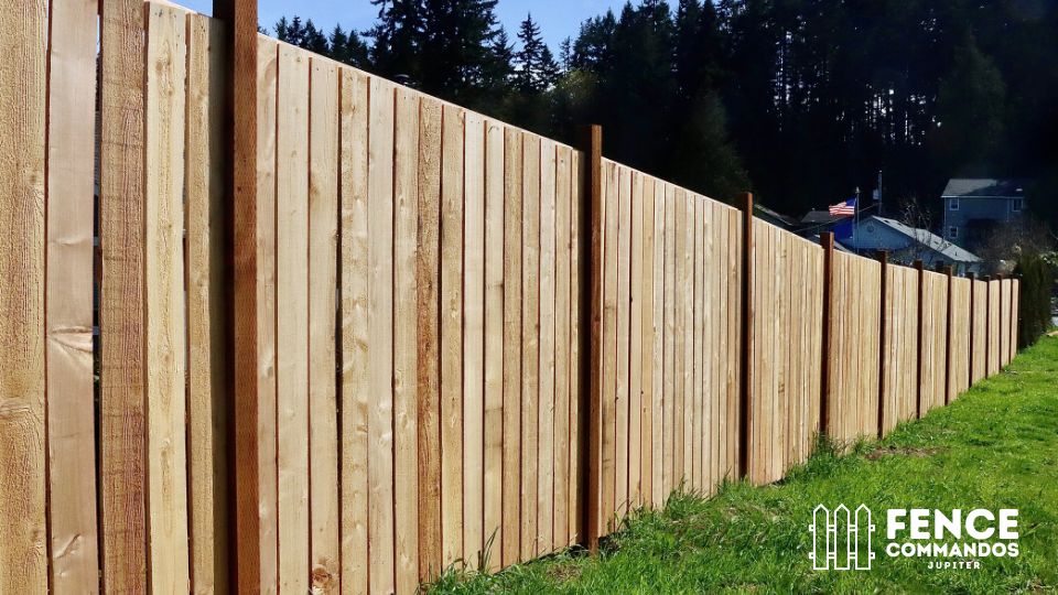 Long-run board-on-board custom wood fence with heavy-duty structural posts. Provides 100% overlap pr 