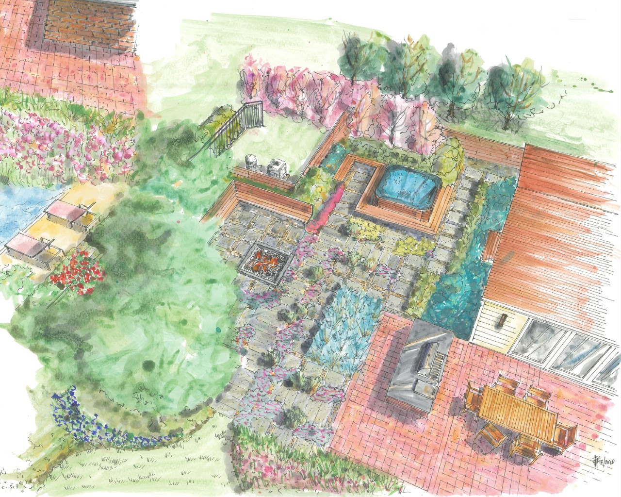 We love presenting our landscape design creations to our clients!  We  work with them to integrate their inspirations into a working concept.  We produced a hand rendered 3D aerial perspective so our clients could see some of the details that we are proposing! The wish list for this project includes:  Hot tub, Natural wood seating & Fence, Plantings, Fire Pit, Sink, Walkway, and Pathways. www.gardenartisansllc.com 609-273-6519 609-647-0666 609-371-0099