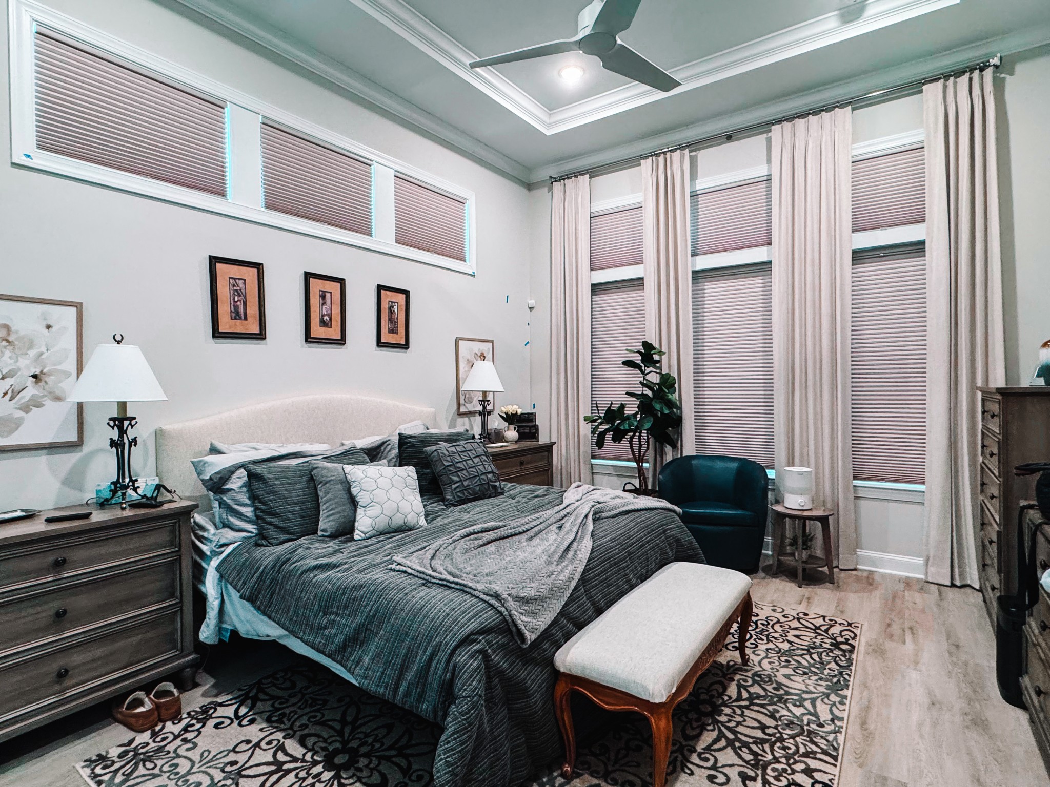 Cellular Shades with these modern Drapes are the perfect combination for a bedroom. Not only stylish but providing optimal black out for this primary suite in Freehold, NJ