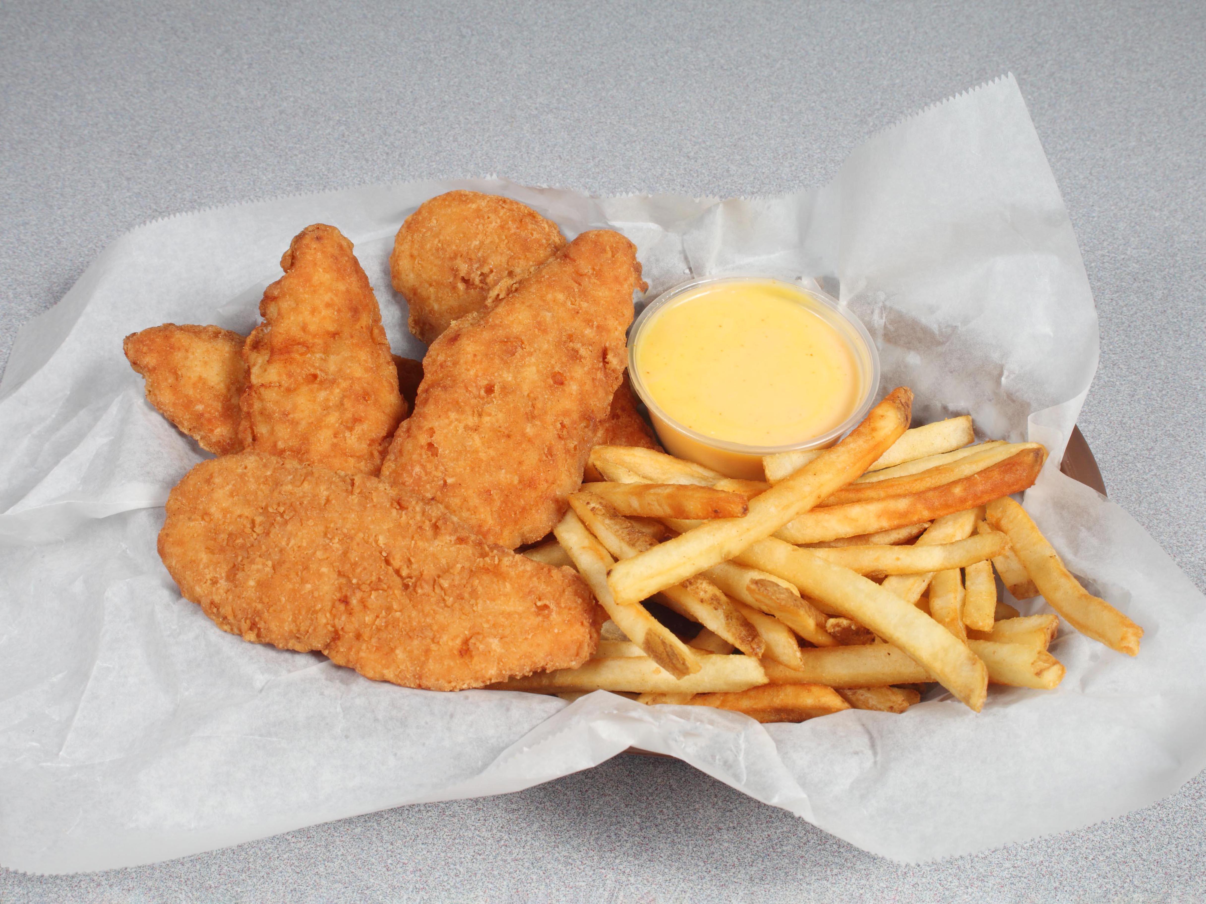 5 chicken tenders platter served with your choice of dipping sauce and fries.