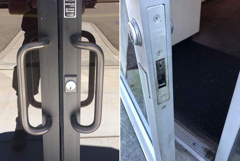 This image highlights our specialized service for replacing and rekeying commercial Galas door cylinder locks at storefronts provided by AAA&B Locksmith LLC. We ensure optimal security for your business entrance.