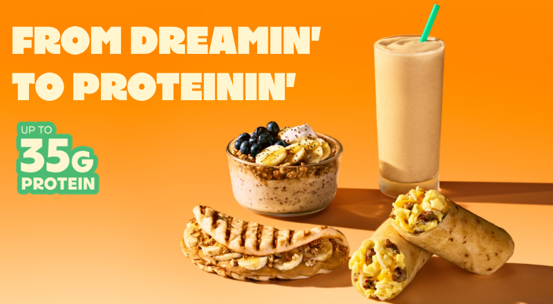 Image of Tropical Smoothie Cafe highprotein breakfast featuring breakfast flatbread, breakfast wrap, bowl and smoothie with up to 35g of protein.